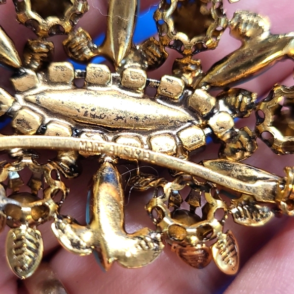 Vintage AUSTRIA Turquoise Rhinestone Brooch Purple Crystal Pin Ornate Antique - Picture 5 of 16